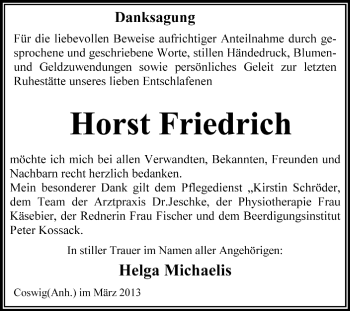 Traueranzeige von Horst Friedrich von Super Sonntag Dessau / Köthen
