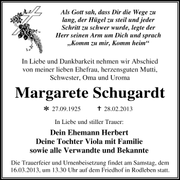 Traueranzeige von Margarete Schugardt von Super Sonntag Dessau / Köthen