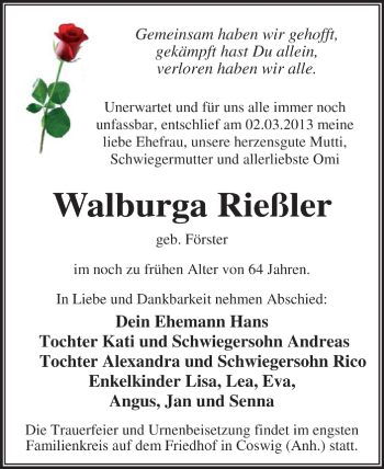 Traueranzeige von Walburga Rießler von Super Sonntag Dessau / Köthen