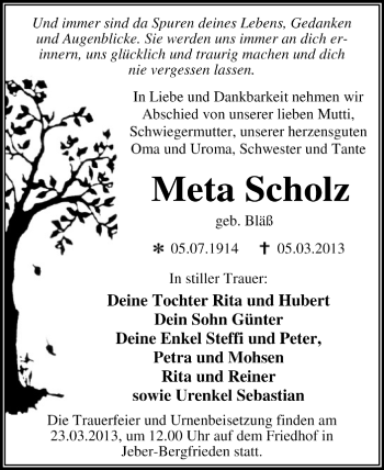 Traueranzeige von Meta Scholz von Super Sonntag Dessau / Köthen