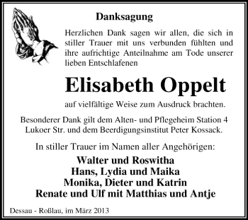 Traueranzeige von Elisabeth Oppelt von Super Sonntag Dessau / Köthen