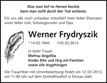 Traueranzeige von Werner Frydryszik von Super Sonntag Dessau / Köthen