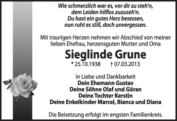 Traueranzeige von Sieglinde Grune von Super Sonntag Dessau / Köthen