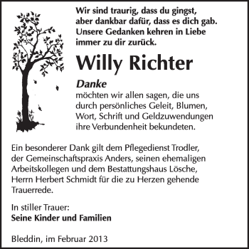 Traueranzeige von Willy Richter von WVG - Wochenspiegel Wittenberg
