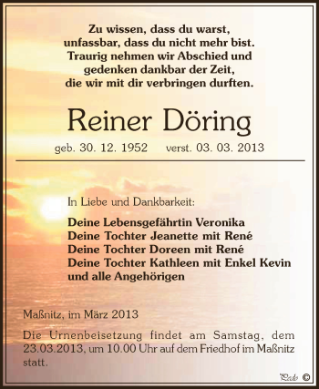 Traueranzeige von Reiner Döring von Super Sonntag Zeitz
