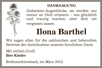 Traueranzeige von Ilona Barthel von Wochenspiegel Mansfelder Land