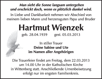 Traueranzeige von Hartmut Wienzek von Super Sonntag Wittenberg