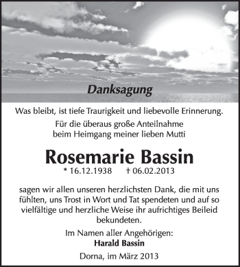 Traueranzeige von Rosemarie Bassin von WVG - Wochenspiegel Wittenberg