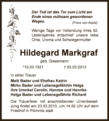 Traueranzeige von Hildegard Markgraf von Super Sonntag Bernburg