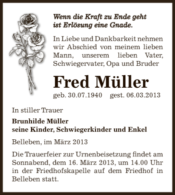 Traueranzeige von Fred Müller von Super Sonntag SGH Mansf. Land