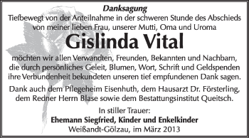 Traueranzeige von Gislinda Vital von Super Sonntag Dessau / Köthen