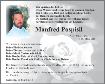 Traueranzeige von Manfred Pospisil von WVG - Wochenspiegel Quedlinburg