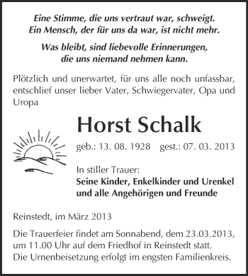Traueranzeige von Horst Schalk von WVG - Wochenspiegel Quedlinburg