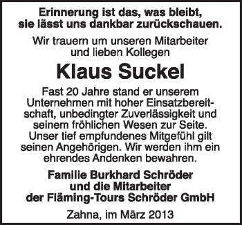 Traueranzeige von Klaus Suckel von Super Sonntag Wittenberg