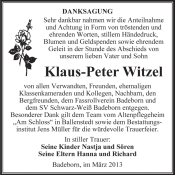Traueranzeige von Kalus-Peter Witzel von Super Sonntag Aschersleben