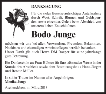 Traueranzeige von Bodo Junge von Super Sonntag Aschersleben