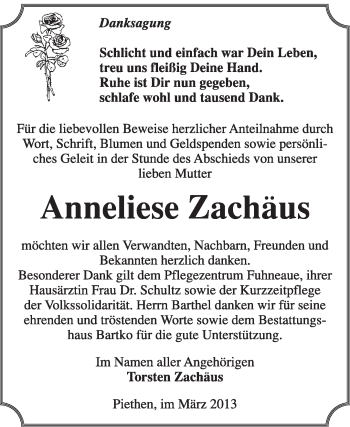 Traueranzeige von Anneliese Zachäus von Super Sonntag Dessau / Köthen