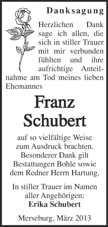 Traueranzeige von Franz Schubert von Super Sonntag Merseburg