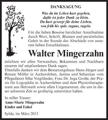 Traueranzeige von Walter Mingerzahn von WVG - Wochenspiegel Aschersleben