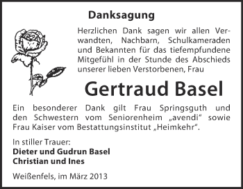 Traueranzeige von Gertraud Basel von WVG - Wochenspiegel NMB / WSF / ZTZ