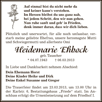 Traueranzeige von Heidemarie Ehbock von WVG - Wochenspiegel Dessau / Köthen