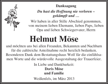 Traueranzeige von Helmut Möse von WVG - Wochenspiegel NMB / WSF / ZTZ