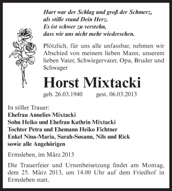 Traueranzeige von Horst Mixtacki von WVG - Wochenspiegel Aschersleben