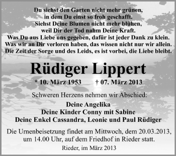 Traueranzeige von Rüdiger Lippert von WVG - Wochenspiegel Quedlinburg