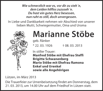 Traueranzeige von Marianne Stöbe von Super Sonntag Merseburg