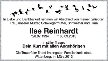 Traueranzeige von Ilse Reinhardt von WVG - Wochenspiegel Wittenberg