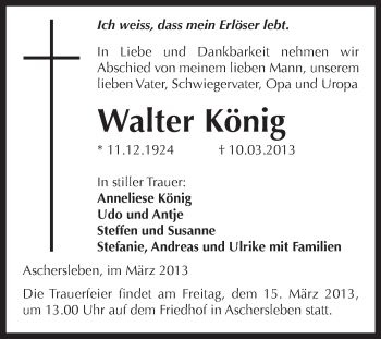 Traueranzeige von Walter König von WVG - Wochenspiegel Aschersleben