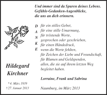 Traueranzeige von Hildegard Kirchner von WVG - Wochenspiegel NMB / WSF / ZTZ