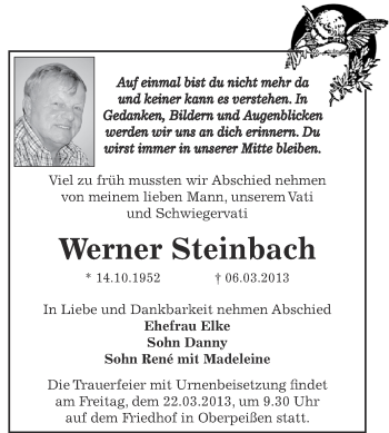 Traueranzeige von Werner Steinbach von Super Sonntag Bernburg