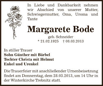 Traueranzeige von Margarete Bode von Super Sonntag Bernburg