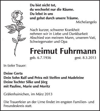 Traueranzeige von Freimut Fuhramnn von WVG - Wochenspiegel Wittenberg