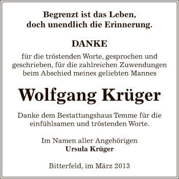 Traueranzeige von Wolfgang Krüger von WVG - Wochenspiegel Bitterfeld