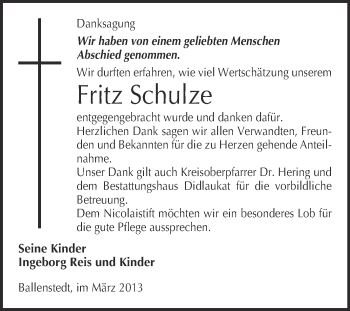 Traueranzeige von Fritz Schulze von WVG - Wochenspiegel Quedlinburg
