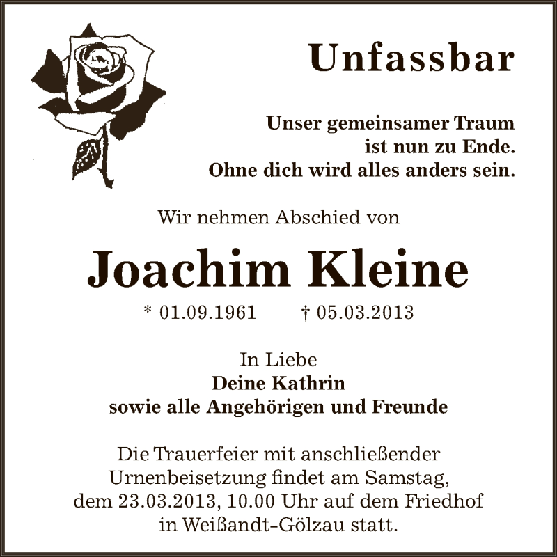  Traueranzeige für Joachim Kleine vom 13.03.2013 aus WVG - Wochenspiegel Bitterfeld