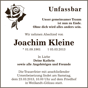 Traueranzeige von Joachim Kleine von WVG - Wochenspiegel Bitterfeld