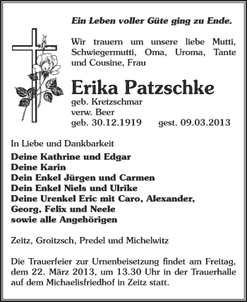 Traueranzeige von Erika Patzschke von Super Sonntag Zeitz