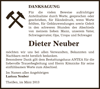 Traueranzeige von Dieter Neuber von Super Sonntag Zeitz