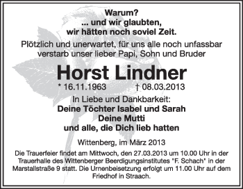 Traueranzeige von Horst Lindner von WVG - Wochenspiegel Wittenberg