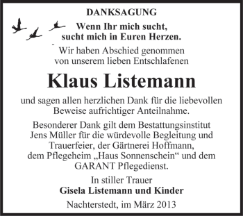 Traueranzeige von Klaus Listemann von WVG - Wochenspiegel Aschersleben