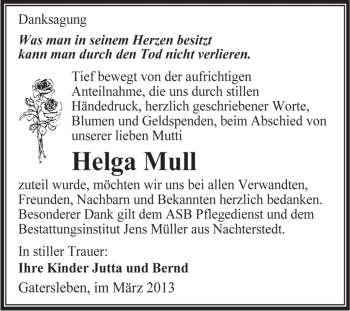 Traueranzeige von Helga Mull von WVG - Wochenspiegel Aschersleben