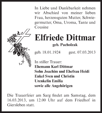 Traueranzeige von Elfriede Dittmar von WVG - Wochenspiegel Aschersleben