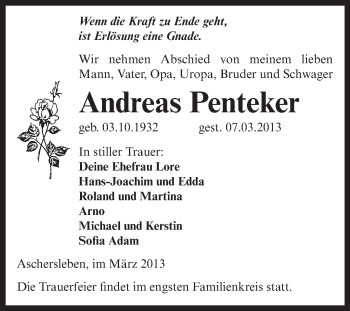 Traueranzeige von Andreas Penteker von WVG - Wochenspiegel Aschersleben