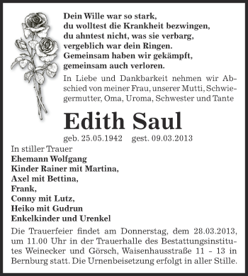Traueranzeige von Edith Saul von Super Sonntag Bernburg