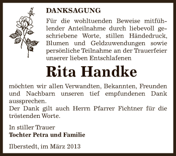 Traueranzeige von Rita Handke von Super Sonntag Bernburg