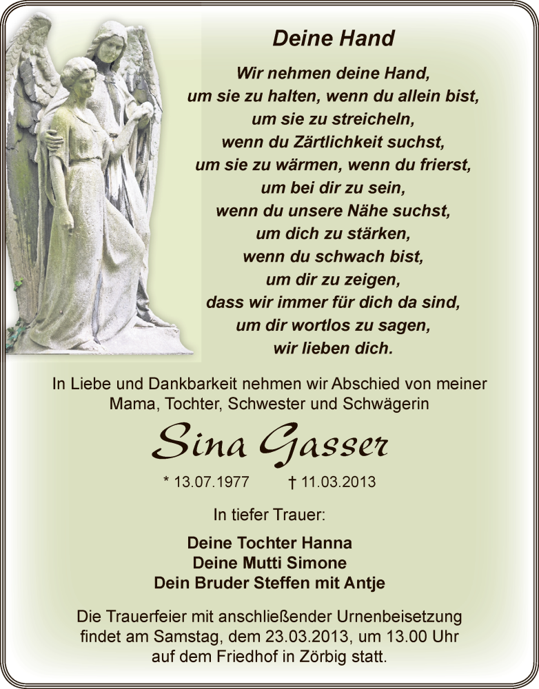  Traueranzeige für Sina Gasser vom 13.03.2013 aus WVG - Wochenspiegel Bitterfeld