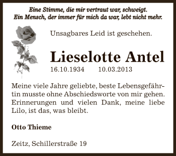 Traueranzeige von Lieselotte Antel von Super Sonntag Zeitz